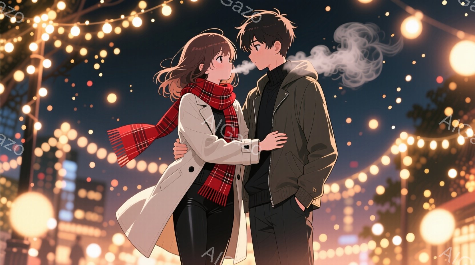街路樹に飾られた温かい光が輝く中、若い男女が寄り添って立っています。女性は白いオーバーコートと黒いパンツ、赤いチェック柄のマフラーを身に着け、男性は黒いジャケットとパンツを着ています。二人は抱き合い、男性から白い息が立ち上り、冬の夜の暖かくロマンチックな雰囲気を醸し出しています。