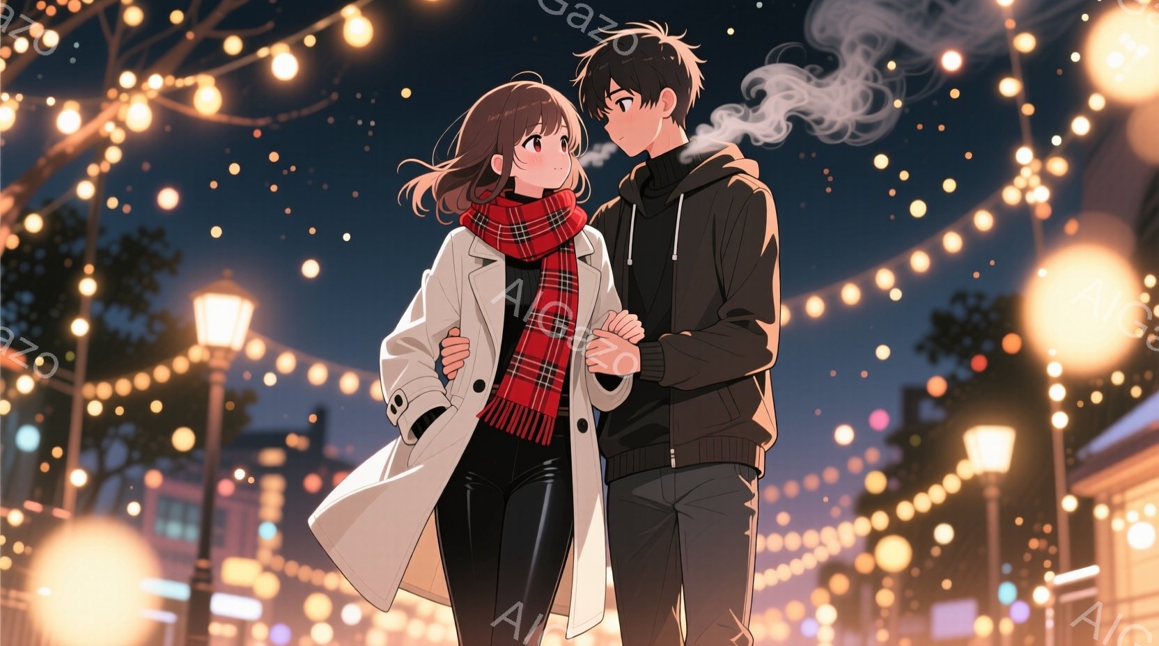 街路は無数の光で飾られ、若い男女が寄り添って立っている。女性は白いオーバーコートと黒のレギンスを着用し、赤いチェック柄のマフラーを巻いている。男性は黒いパーカーとパンツ姿で、湯気が立つ飲み物を手にして - AI生成フリー素材