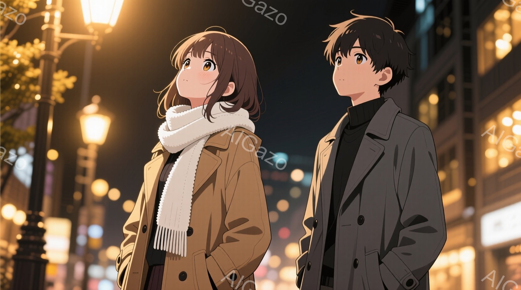 街の夜景を背景に、若い男女が並んで立っている様子が描かれています。女性は茶色の巻き毛にベージュのコートと白いマフラーを着用し、少し上を見ている表情はどこか希望に満ちています。男性は黒いニットにグレーの - AI生成フリー素材