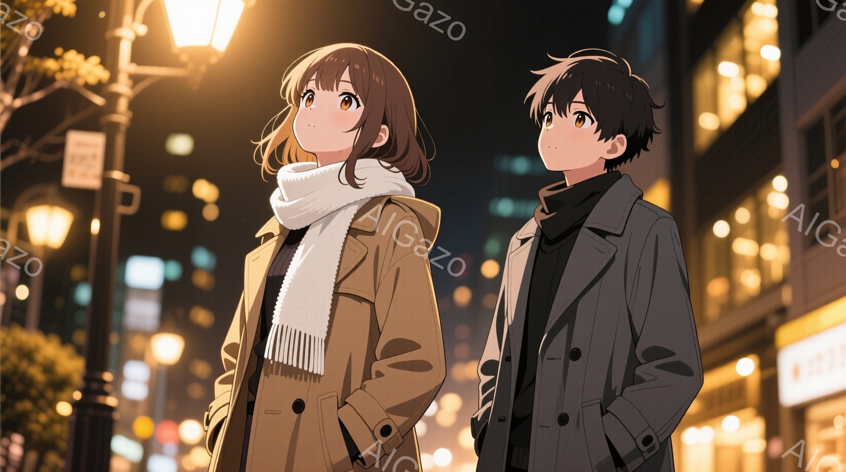 明るい光に照らされた街並みを、若い男女が並んで歩いている。女性はベージュ色のコートに白いマフラーを巻き、短い茶色の髪を風になびかせている。男性は黒いコートを着ており、少し上目遣いで遠くを見つめている様 - AI生成フリー素材