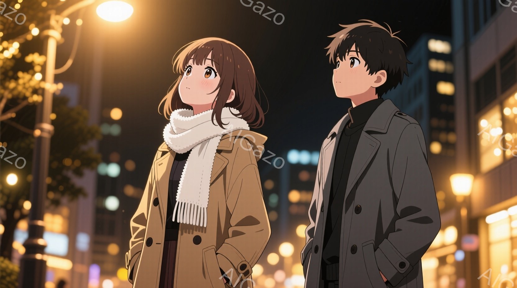 画面には、街の夜景を背景に、若い男女が並んで立っている様子が描かれている。女性は茶色の短い髪で、ベージュのコートと白いマフラーを身に着け、少し上を見ている。男性は黒髪で、黒いセーターの上にグレーのコー - AI生成フリー素材