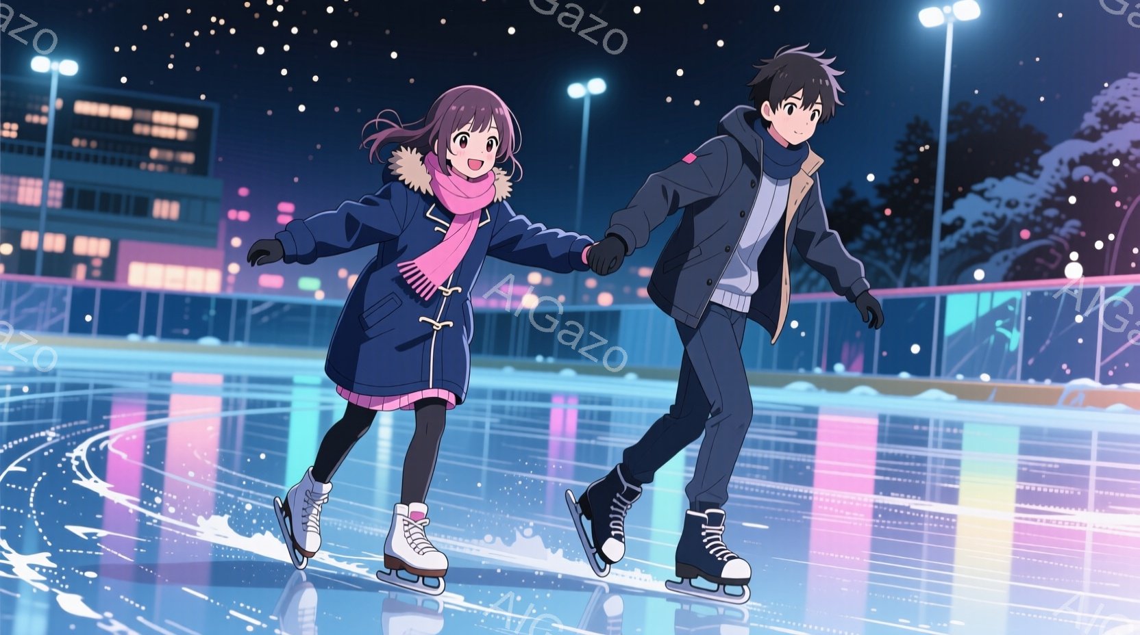 少女は紺色のフード付きコートとピンクのセーターを着て、茶色の髪をポニーテールにしています。少年は黒いコートと白いセーターを着て、スケートリンクで手をつないでスケートを楽しんでいます。背景には、夜に光る - AI生成フリー素材