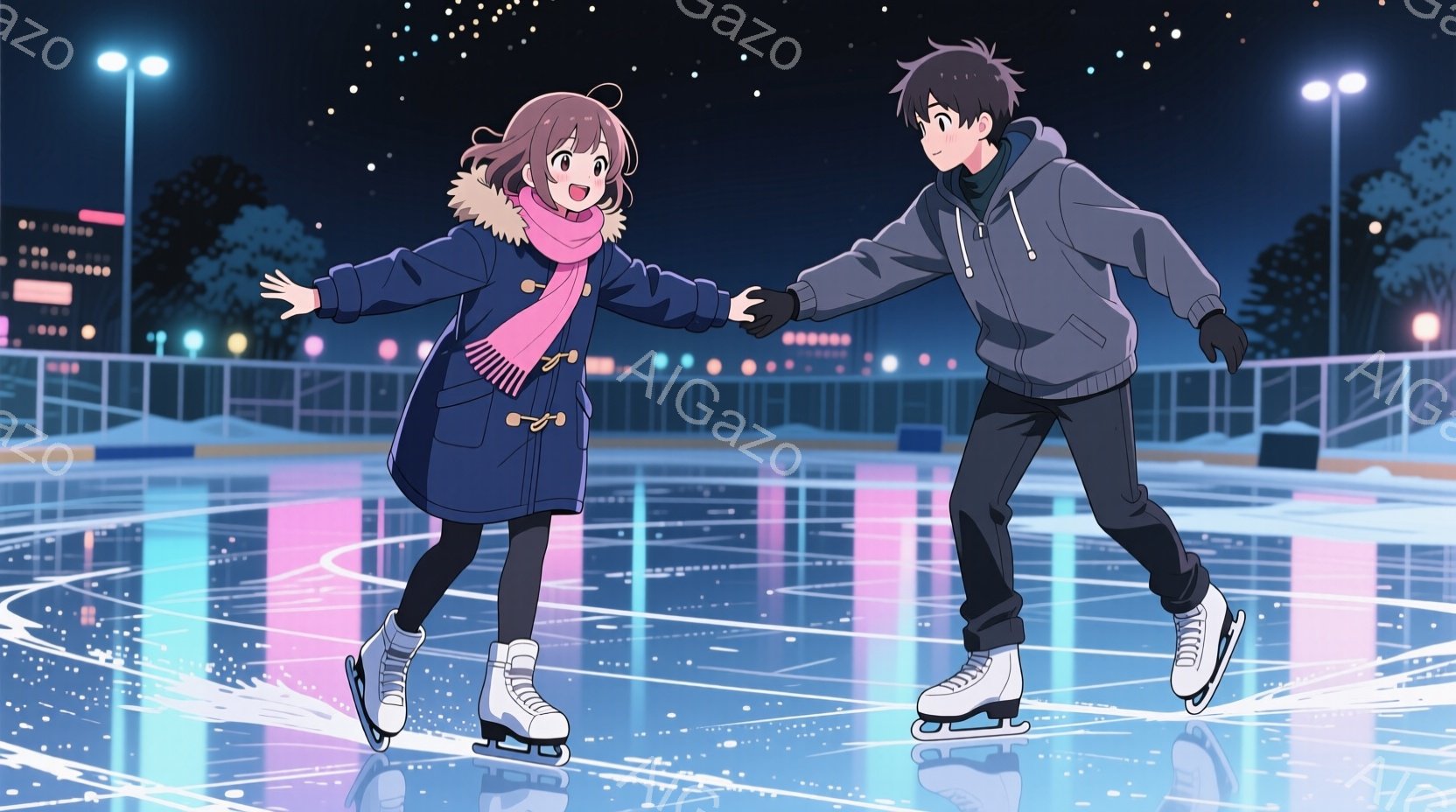 紺色のコートとピンクのストールを巻いた少女と、黒いジャケットを着た少年がアイススケートリンクで滑っている。少女は少し前かがみになり、楽しそうな表情で両手を広げ、少年は彼女の手を取り、少しリードしている - AI生成フリー素材