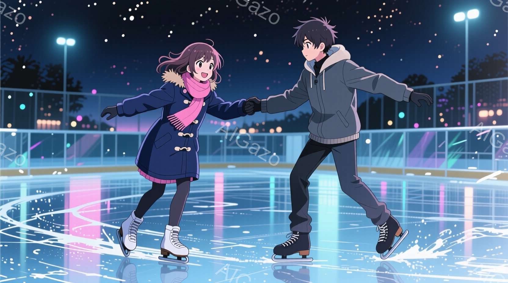 少女と少年がアイススケートリンクで手をつないでスケートを楽しんでいる様子が描かれている。少女は黒髪で、ピンクのストールを巻き、黒いコートとレギンスを着用し、少年の黒髪は少し長めで、紺色のコートを着ている。背景は夜間のアイススケートリンクで、リンクの光が反射し、幻想的な雰囲気を醸し出している。