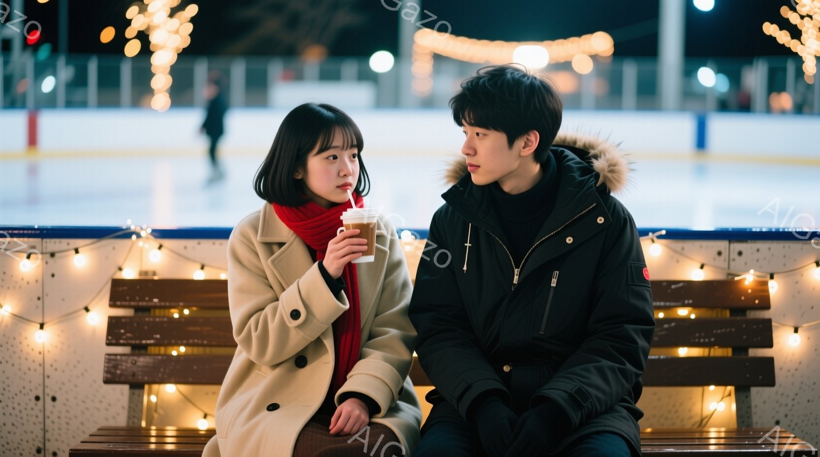 長い茶髪の女性はベージュ色のコートと赤いマフラーを着用し、片手に飲み物を手にしています。隣に座る男性は黒いジャケットを着ており、やや硬い表情で前方を向いています。背景にはアイススケートリンクが広がり、暖かい光のイルミネーションが冬の夜を照らしています。