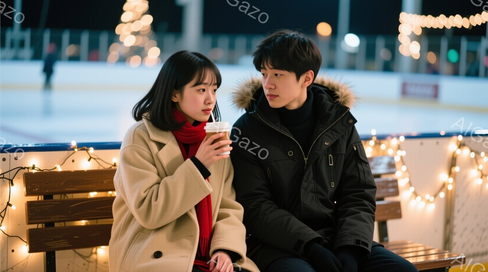 アイススケートリンクのベンチに座っている若い男女が写っています。女性はベージュのコートに赤いマフラーを巻き、温かい飲み物を手にしています。男性は黒いジャケットを着ており、二人は横並びで少し身を寄せ合い、穏やかな表情を浮かべています。