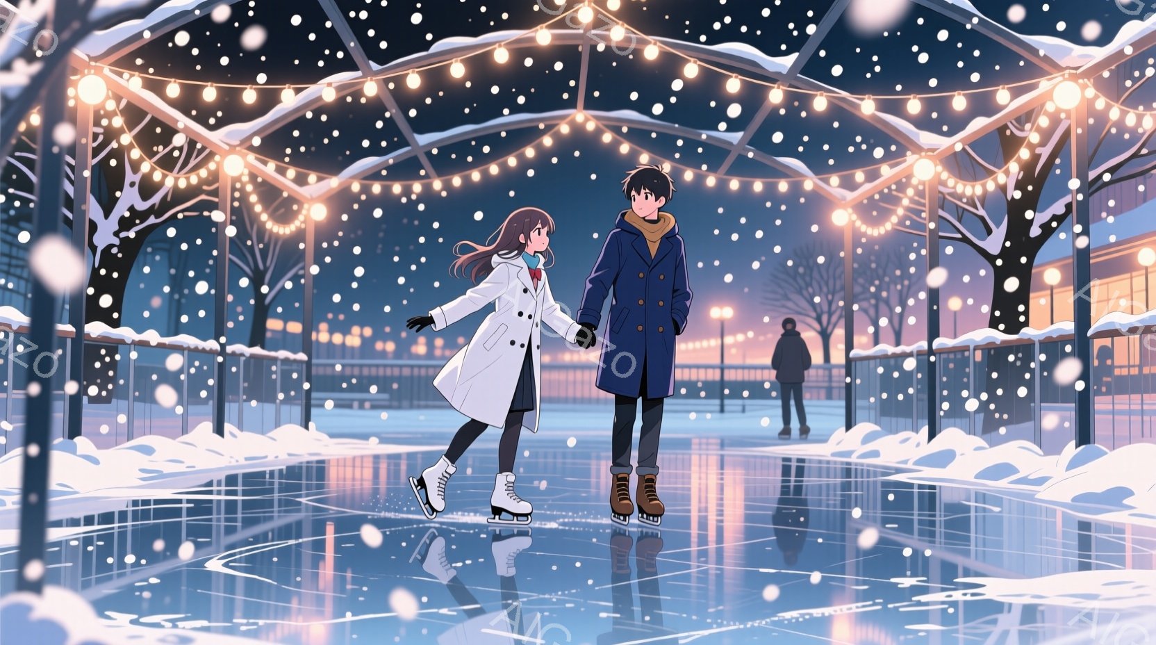 雪が舞う中で、若い男女がアイススケートリンクで手をつないで滑っている。女性は白いロングコートと茶髪のポニーテール、男性は黒いコートと短髪で、楽しそうな表情をしている。背景には、イルミネーションで飾られた木々と、ぼんやりとした建物が見え、冬のロマンチックな雰囲気が漂っている。