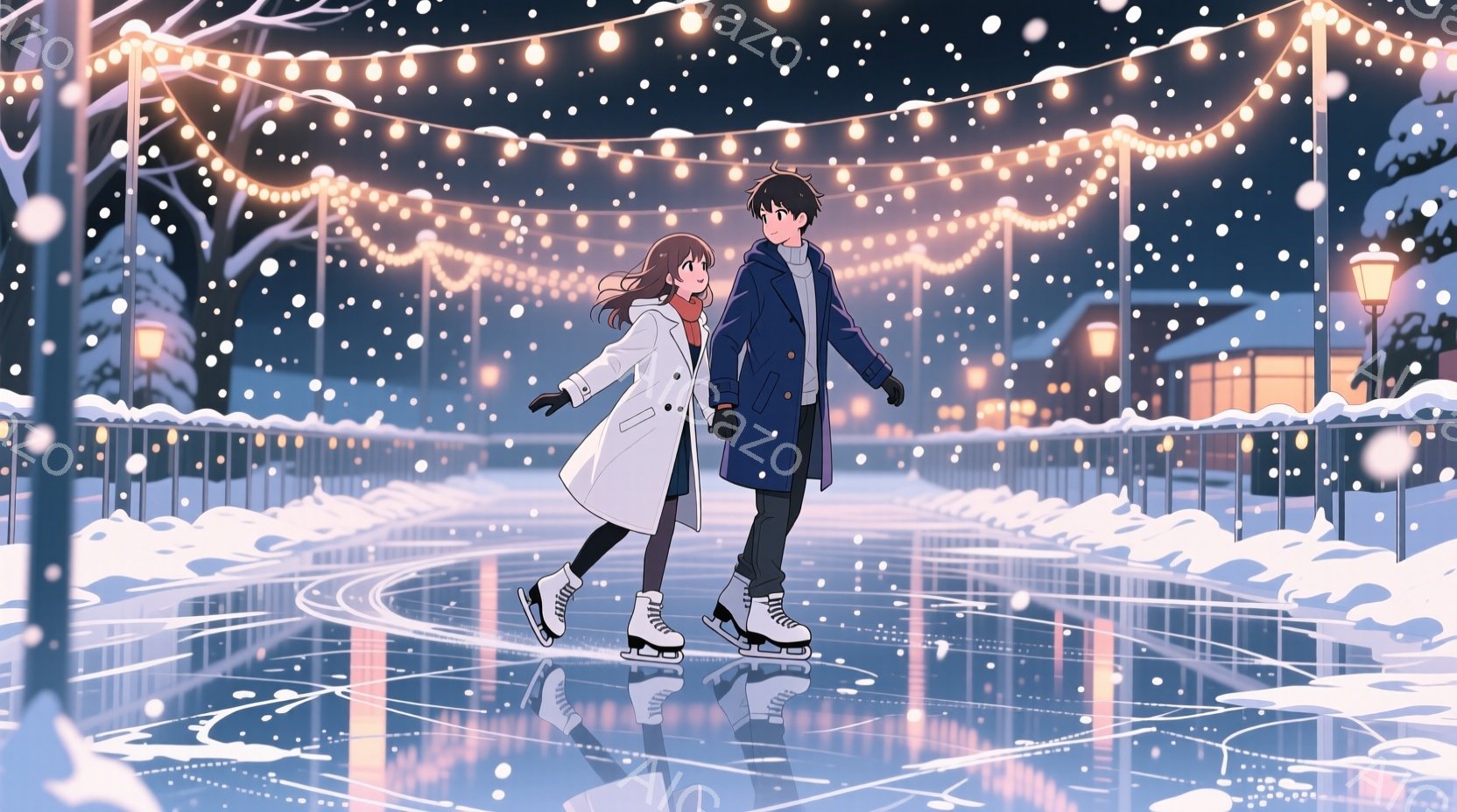 雪が舞う夜のスケートリンクで、若い男女が手をつないで滑っている。女性は白いロングコートに茶色の髪をサイドに流し、男性は濃い青色のコートを着て、黒髪を無造作に整えている。リンクは光のイルミネーションで彩 - AI生成フリー素材