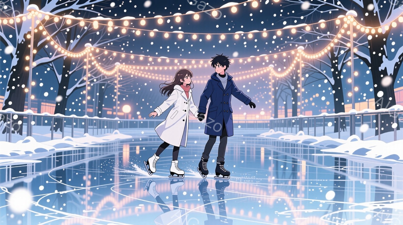 長い茶髪を後ろで一つに結んだ女性と、黒髪の男性がアイススケートリンクで滑っている。女性は白いロングコートを着ており、男性は黒いコートを着ていて、雪が舞う中で楽しそうに滑っている様子が伺える。背景には雪に覆われた木々と、きらめくイルミネーションが広がり、幻想的でロマンチックな雰囲気を醸し出している。