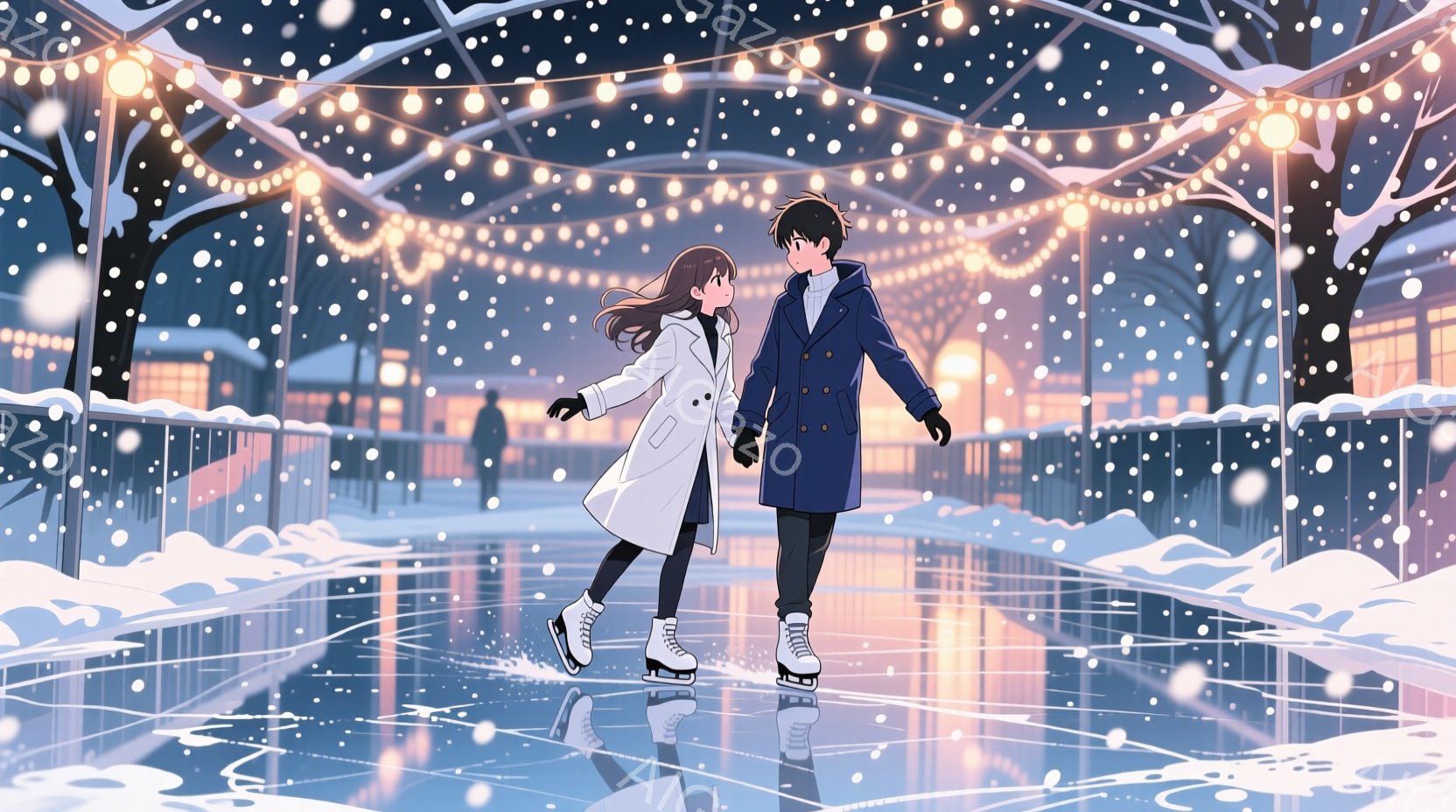 雪が降る屋外スケートリンクで、若い男女が手をつないでスケートを楽しんでいる様子が描かれている。女性は白いロングコート、男性は濃い青色のコートを着ており、共に黒髪で、楽しそうな表情をしている。背景には、点灯されたイルミネーションと、雪に覆われた木々が見られ、温かくロマンチックな雰囲気を醸し出している。