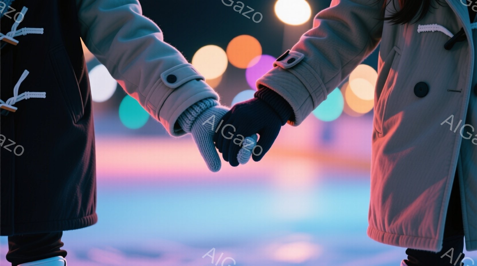 2人の人物が手をつないでいます。一人は濃い青色のコートと白い紐のついた帽子を着用し、もう一人はクリーム色のコートを着ており、手には黒と白の模様のミトンをはめています。背景は夜の街並みで、ぼやけた光が散りばめられており、ロマンチックで温かい雰囲気を醸し出しています。