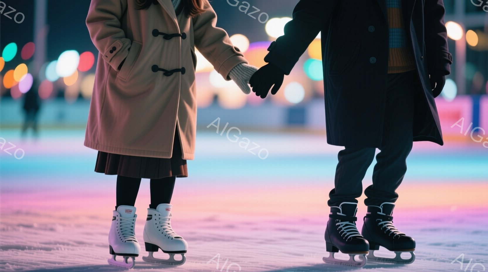 スケートリンクの上で、一対の足元が写っている。女性はグレーのスカートに白いスケート靴を履き、ベージュ色のコートを着ている。男性は濃いグレーのパンツに黒いコートを羽織り、こちらもスケート靴を履いており、二人は手をつないでリンク上を歩いている様子が伺える。