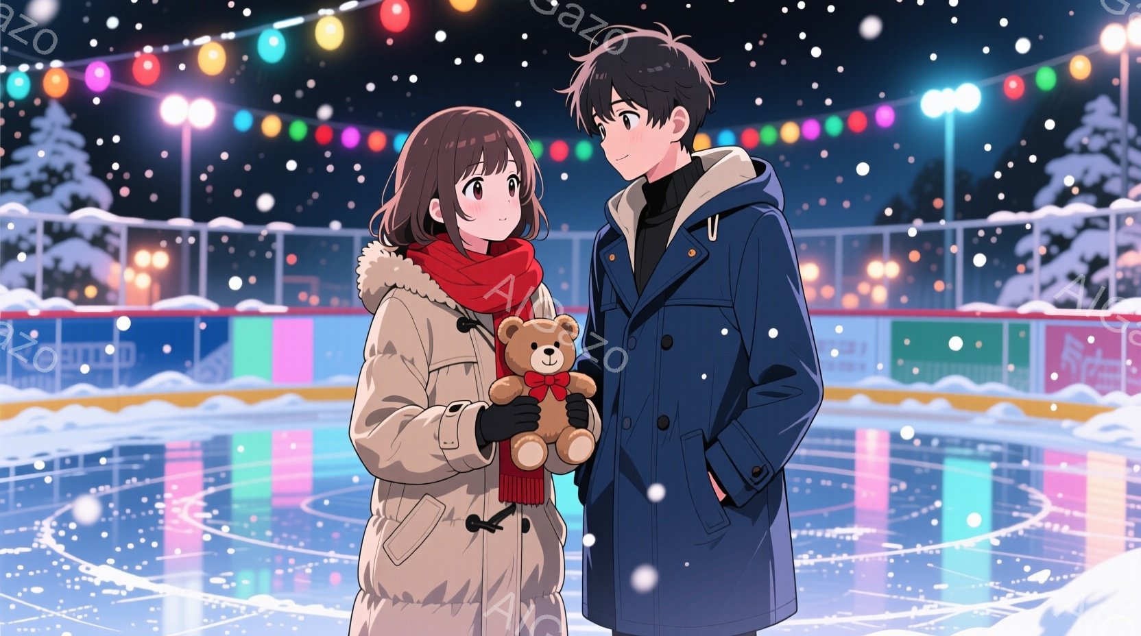 若い男女が雪の降るアイススケートリンクに立っています。女性はオフホワイトのファー付きコートに赤いマフラーを巻き、茶色の髪を肩の長さで整え、テディベアを抱えています。男性は濃紺のコートを着ており、二人は - AI生成フリー素材