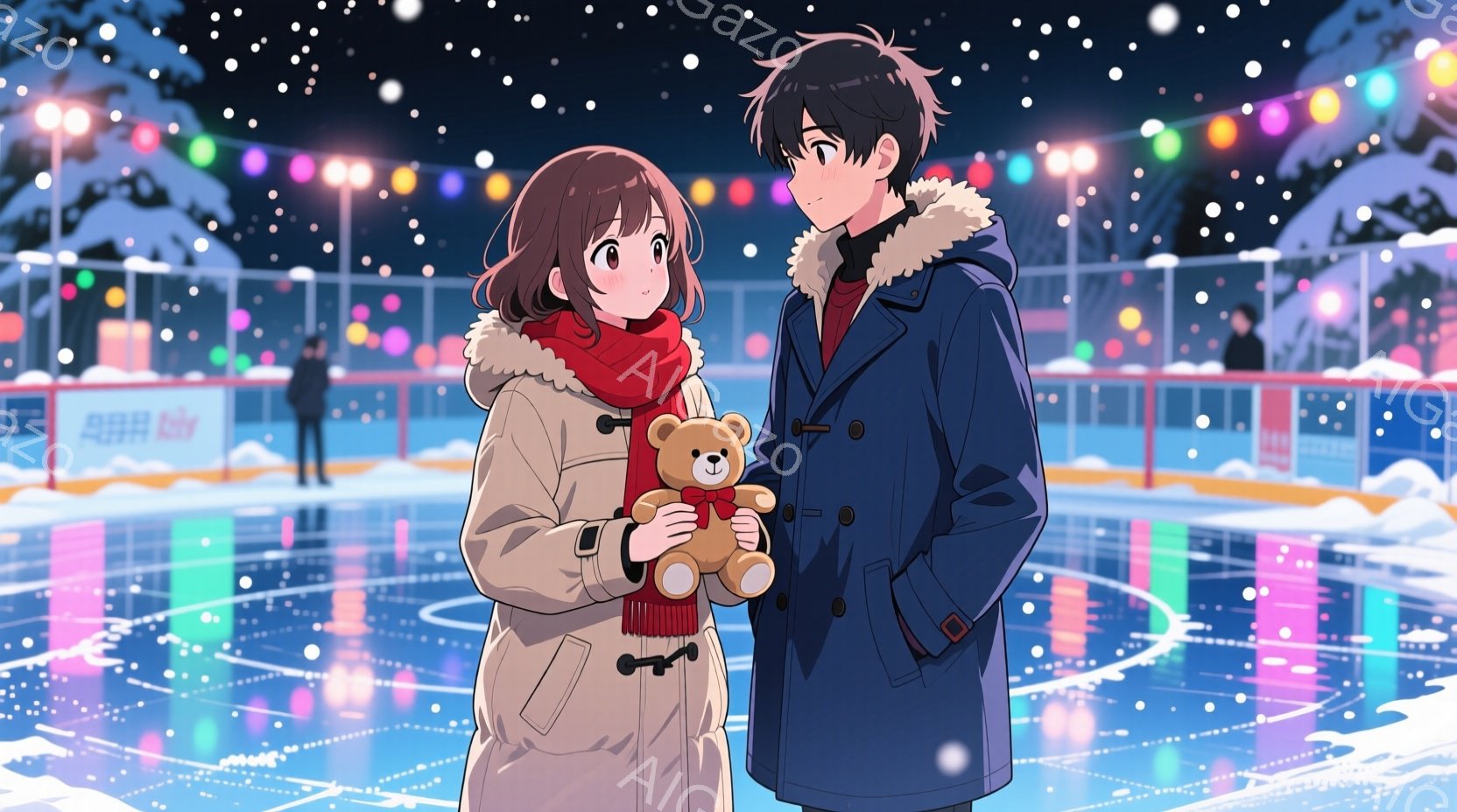 屋外スケートリンクで寄り添う若い男女が描かれています。女性は茶色のカールした髪で、白とベージュのコート、赤いマフラーを着用し、テディベアを抱えています。男性は黒髪で、黒いコートに赤いバッジが付いており - AI生成フリー素材
