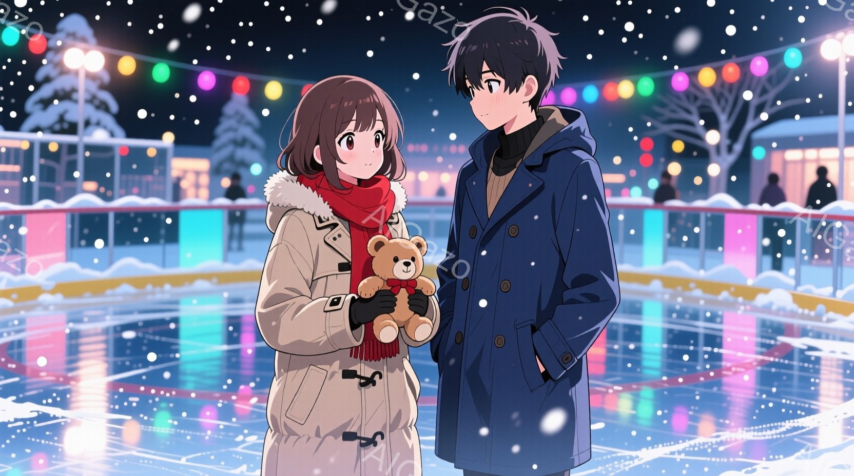 若い男女がアイススケートリンクの前に立っている様子が描かれています。女性は茶色の髪を肩まで垂らし、白いコートと赤いマフラーを着用し、テディベアを抱えています。男性は黒髪で、濃い青色のコートを着ており、二人は互いを見つめ合い、穏やかでロマンチックな雰囲気を醸し出しています。