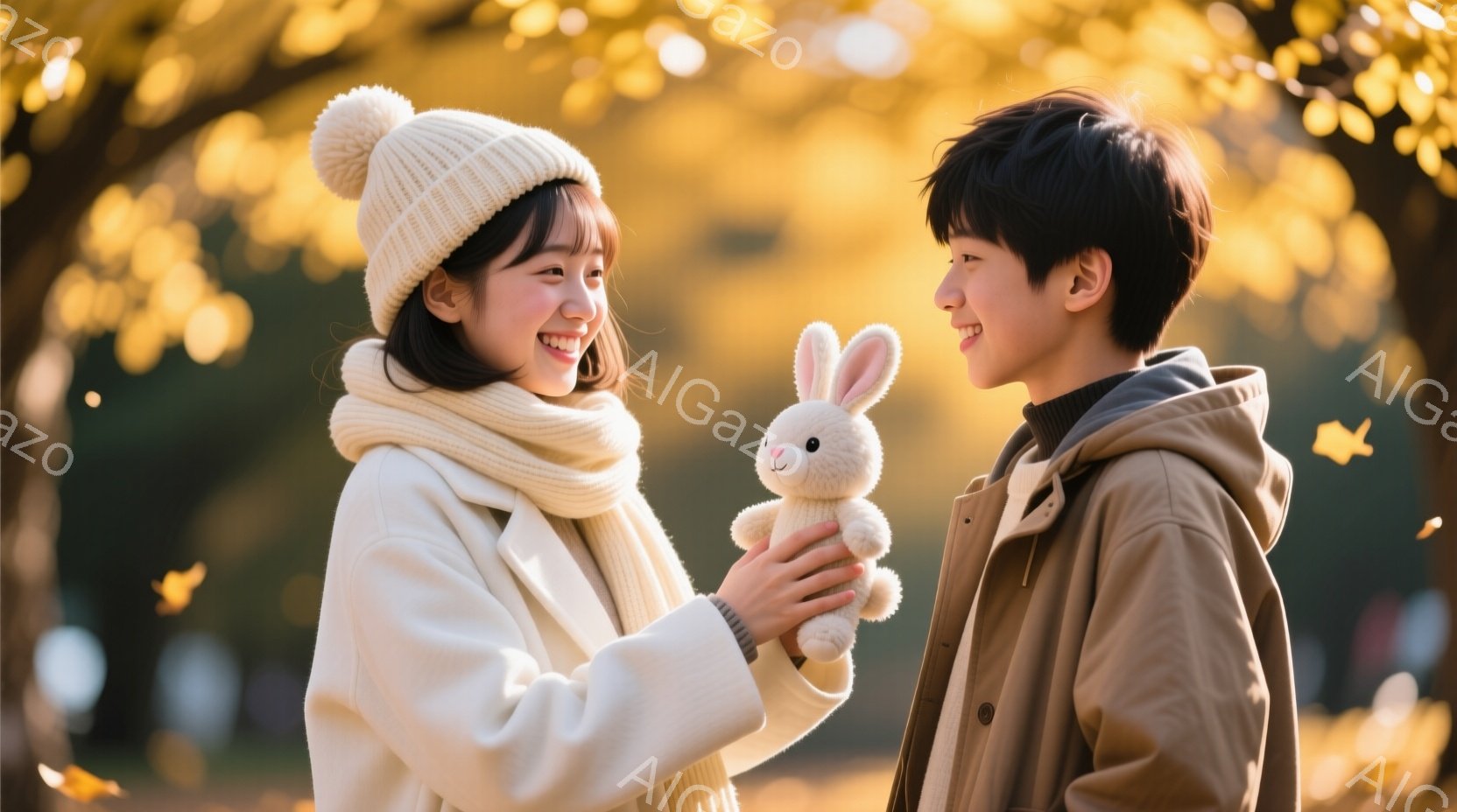 若い女性が白くふわふわしたウサギの人形を抱え、微笑んでいます。彼女は白いニット帽とスカーフ、白いコートを着ており、茶色の髪は肩にかかっています。背景には秋の木の葉が舞い、穏やかで温かい雰囲気が漂っています。