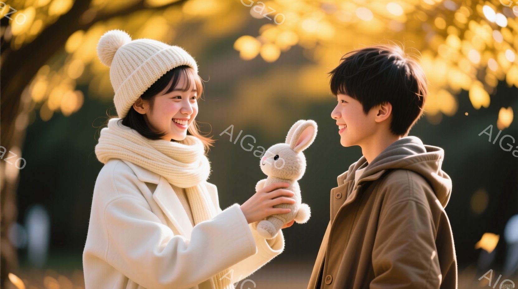 少女は白いニット帽とマフラーを身につけ、笑顔でうさぎのぬいぐるみを少年に差し出しています。少年は茶色のジャケットを着て、同じように微笑みながらぬいぐるみに視線を送っています。背景には木々が見え、暖かく - AI生成フリー素材