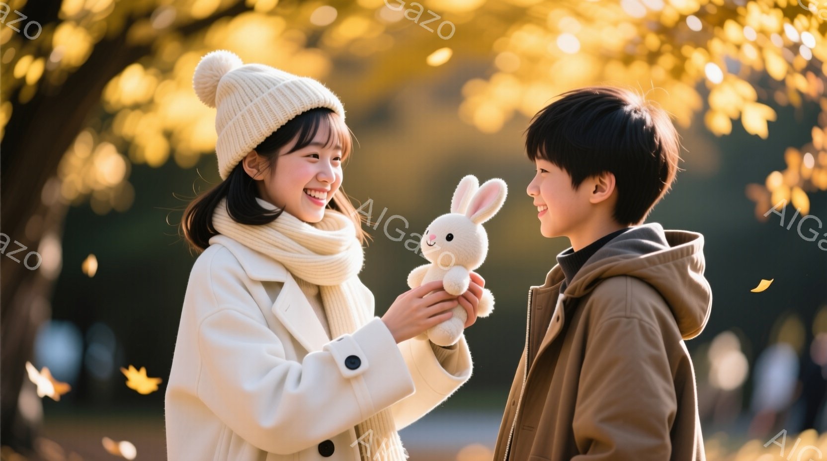 少女は白いニット帽とコートを着て、笑顔で白いぬいぐるみのウサギを男の子に差し出しています。男の子は黒いパーカーを着て、同じように笑顔でウサギを受け取ろうとしています。背景には木々が広がり、落ち葉が舞い散る秋の公園で、暖かく穏やかな雰囲気が漂っています。
