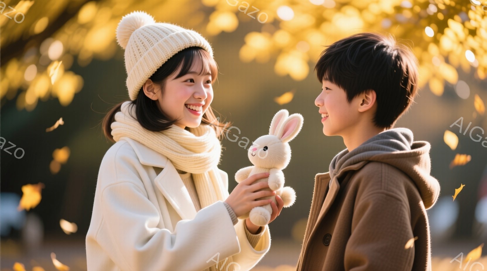 若い女性と少年が、秋の公園で向かい合って微笑んでいます。女性は白いニット帽とコート、マフラーを身につけ、片手に白いウサギのぬいぐるみを抱えています。背景には、黄色く色づいた木々と、柔らかい光が差し込む - AI生成フリー素材