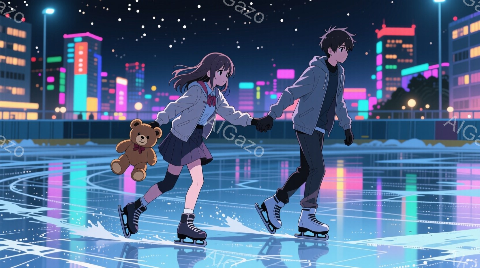アイススケートリンクで男女が手をつないで滑っている様子が描かれています。女性は長い黒髪で、紺色の制服に白いセーター、赤いリボンをつけています。男性は黒髪で、紺色のジャケットと黒いズボンを着用しており、二人は楽しそうに滑り、背景にはネオンライトが輝く夜の街並みが広がっています。