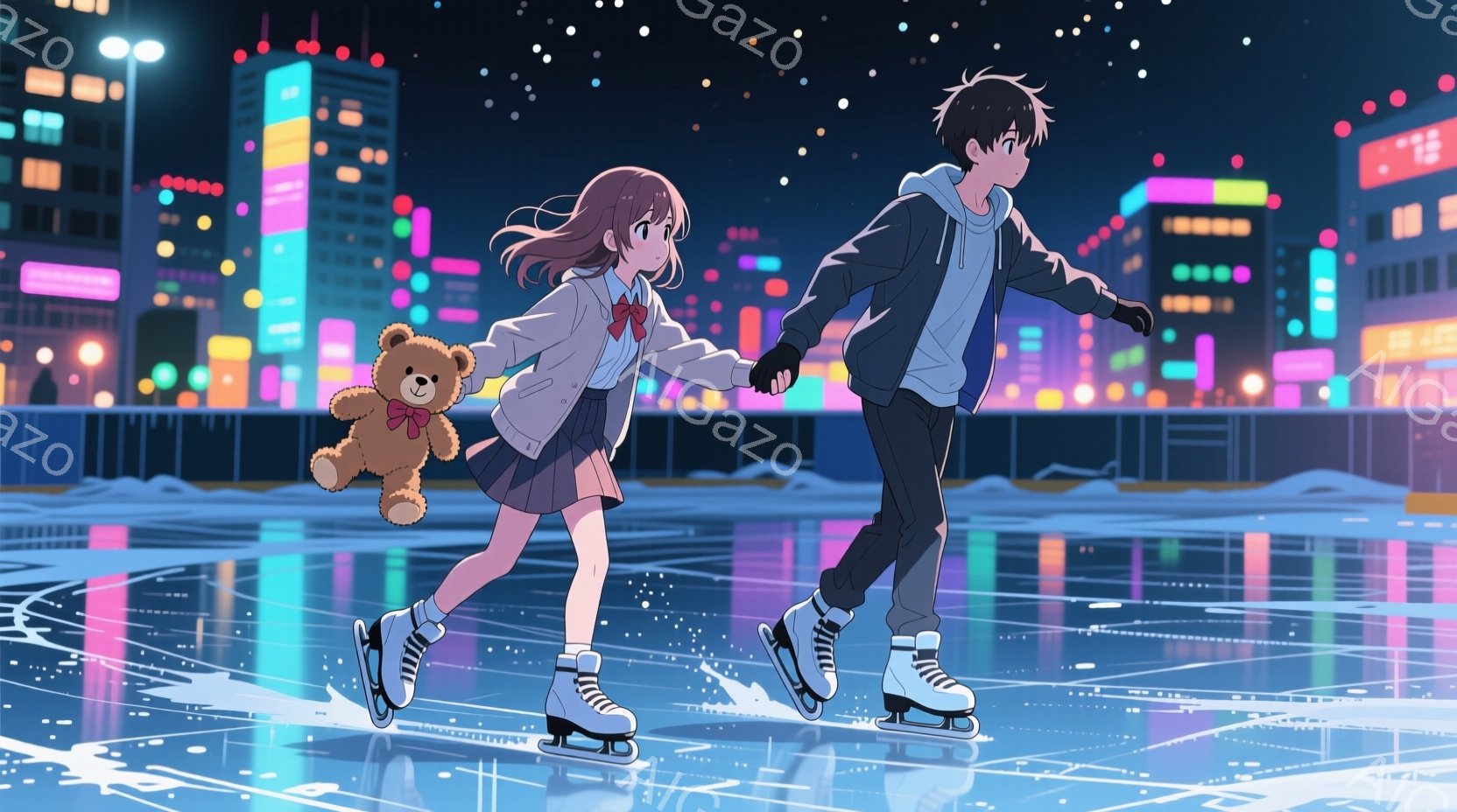 スケートリンクで手をつないで滑る若い男女が描かれています。女性は茶色の長い髪で、紺色のセーラー服に赤いリボンをつけています。男性は黒髪で、パーカーとズボンを着用し、二人は楽しそうに微笑んでいます。背景には、カラフルなネオンライトが輝く高層ビル群が広がり、雪が舞い散る冬の夜空が広がっています。