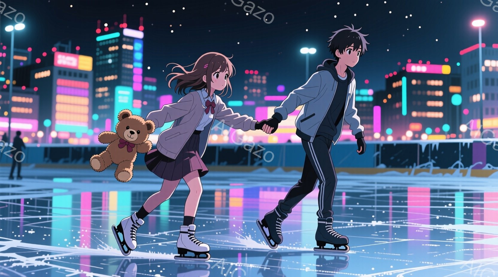 夜のスケートリンクで、若い男女が手をつないでスケートを楽しんでいる様子が描かれています。女の子は茶色の長い髪で、セーラー服のような制服を着ており、少し頬を赤らめています。背景には、ネオンライトが輝く夜 - AI生成フリー素材