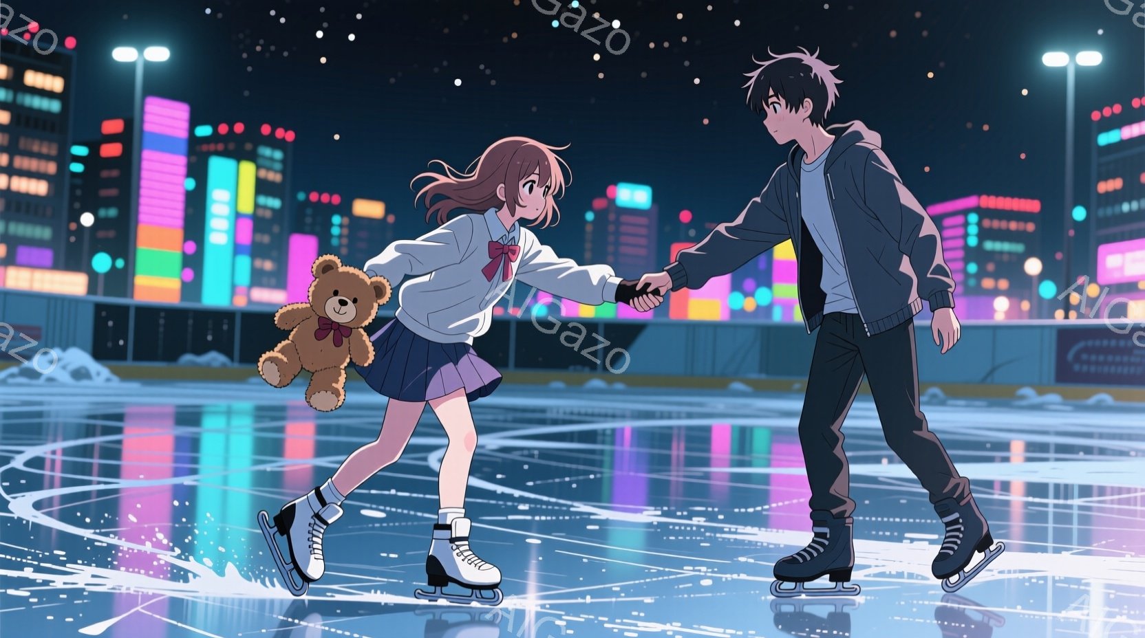 アイススケートリンクでスケートをする若い男女が描かれています。女の子はショートヘアで、白いセーター、青いスカート、そして白いスケート靴を履いています。男の子は黒髪で、黒いジャケットと黒いスケート靴を履いており、女の子の手を握りながらスケートを楽しんでいます。
