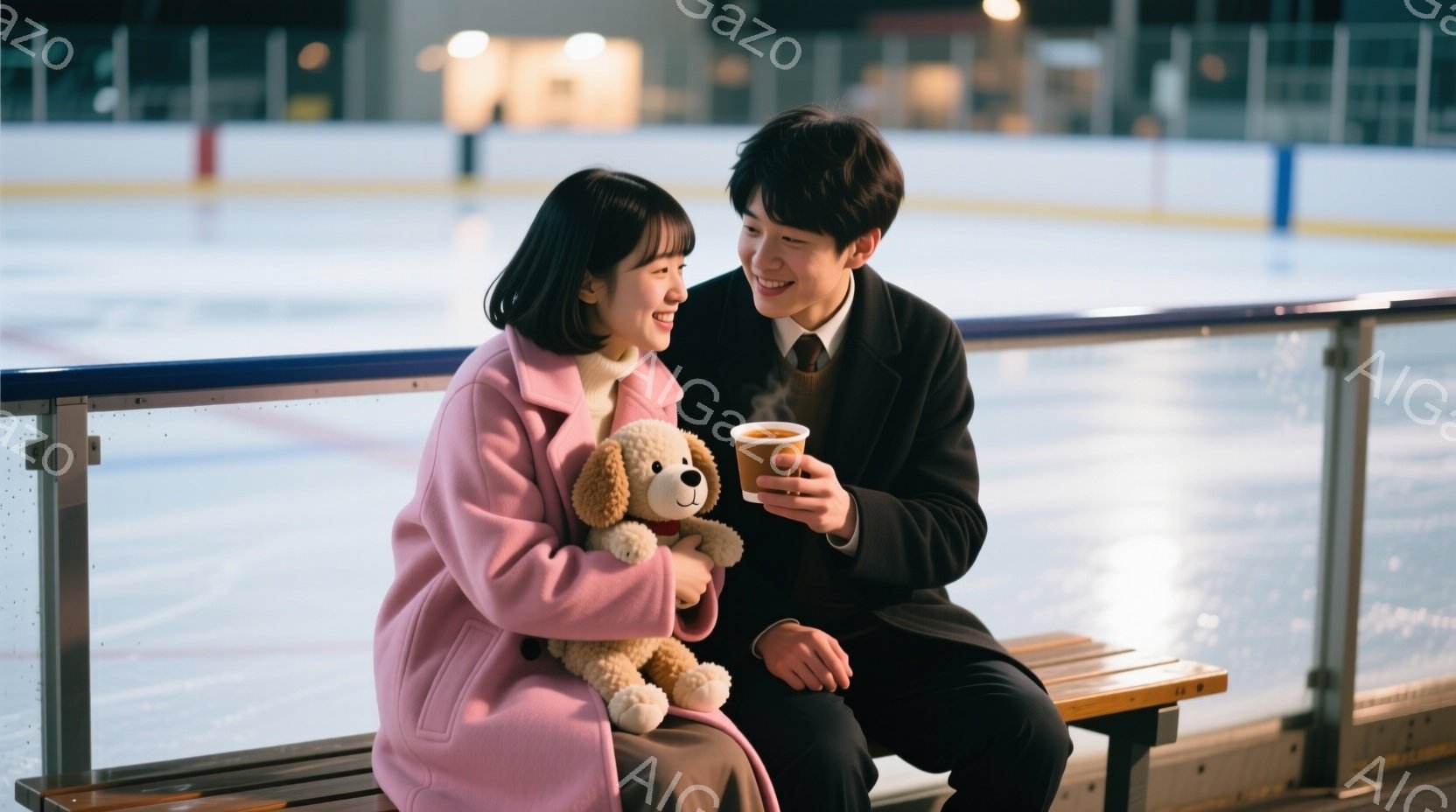 アイススケートリンクのそばのベンチに座る若い女性と男性が写っています。女性はピンク色のコートを着て、茶色の毛並みのぬいぐるみを抱き、笑顔を見せています。男性は黒いコートとネクタイで、温かい飲み物を持っています。