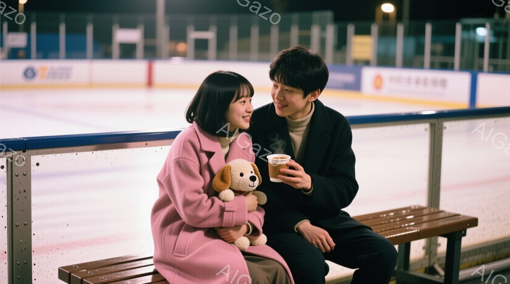 氷上スケートリンクのベンチに、若い男女が並んで座っている。女性はピンク色のコートを着て、抱き枕の犬のぬいぐるみを持っている。男性は黒いコートとセーターを着て、紙コップに入った飲み物を手にしている。 - AI生成フリー素材