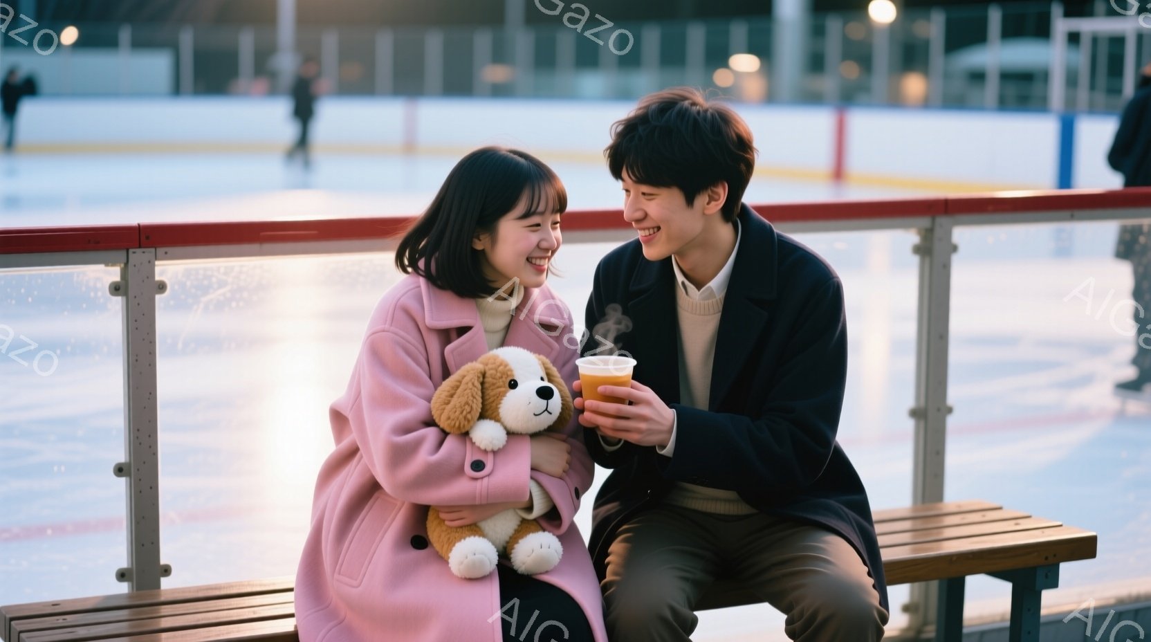 若い女性と男性がアイススケートリンクのベンチに座っており、親密な雰囲気です。女性はピンク色のコートを着て、ぬいぐるみ（犬）を抱きしめており、笑顔を見せています。男性はベージュのズボンにセーターを着て、カップに入った飲み物を手に、女性の方を見て微笑んでいます。
