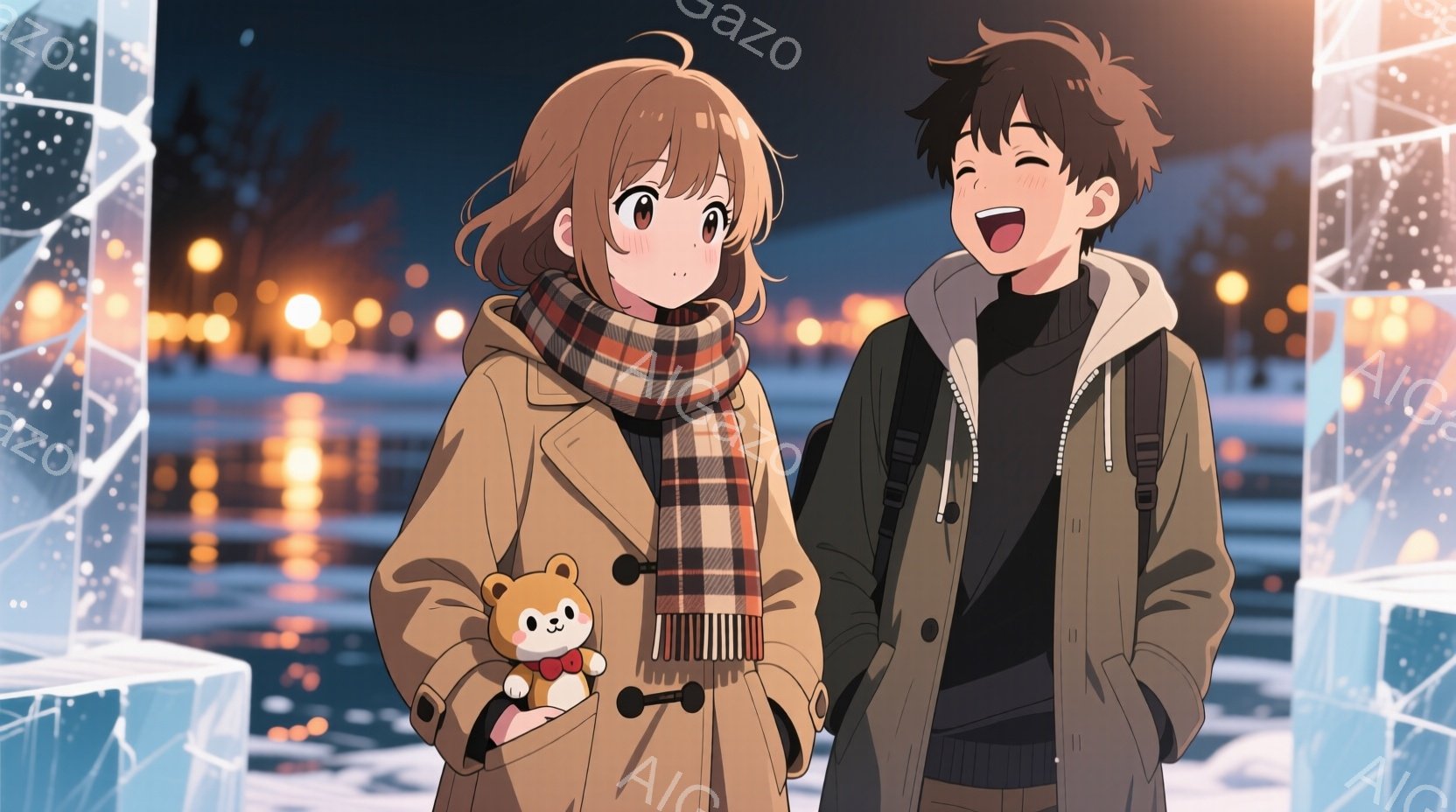 若い男女が並んで立っている様子が描かれています。女性は茶色の巻き髪で、ベージュ色のコートとチェック柄のマフラーを身につけ、抱きしめるようにテディベアを抱えています。男性は黒髪で、黒いジャケットとセータ - AI生成フリー素材