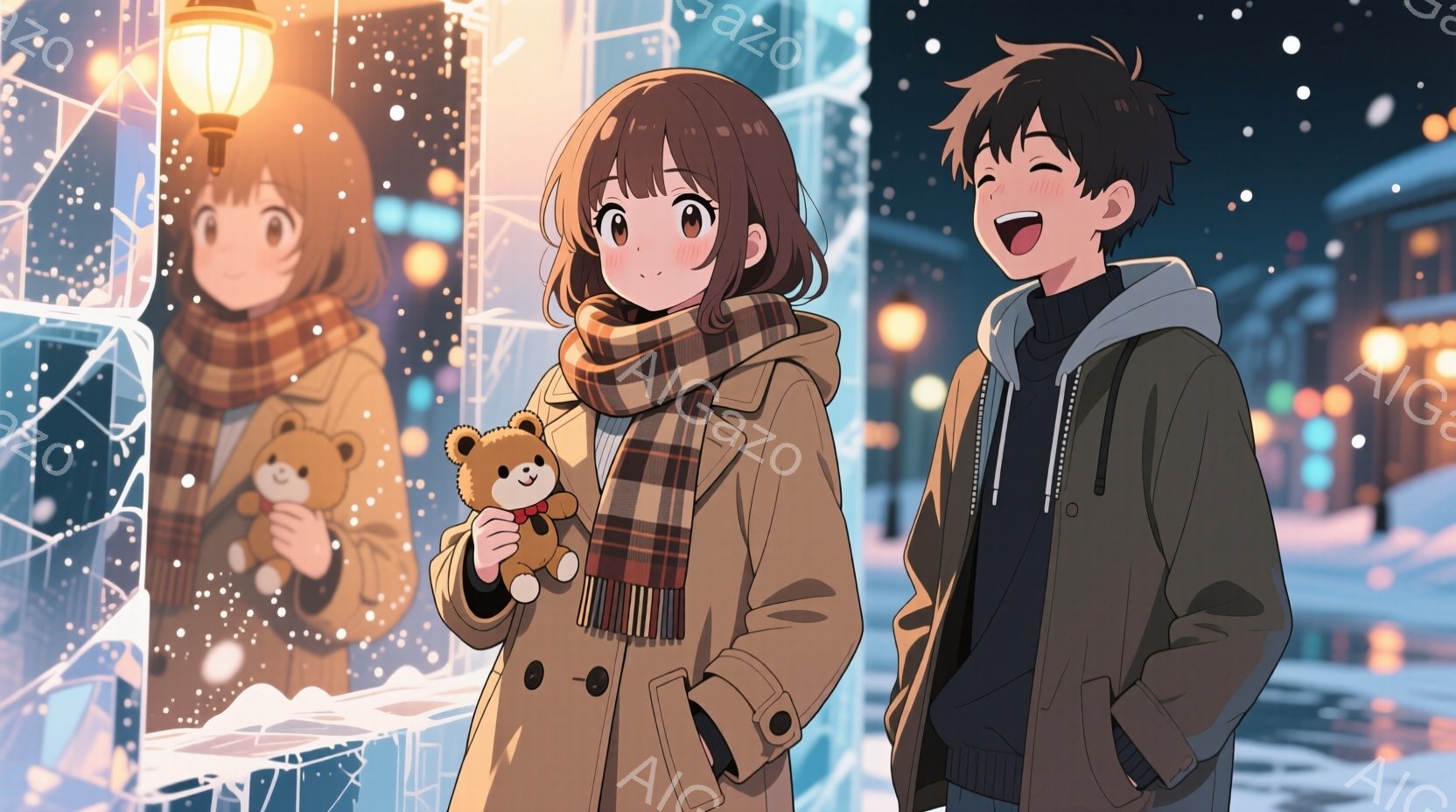 コートを着てスカーフを巻いた若い女性と、ジャケットを着た若い男性が描かれています。女性はテディベアを抱き、微笑んでいますが、男性は目を閉じ、楽しそうに笑っています。背景には雪が降る夜の街並みが広がり、 - AI生成フリー素材