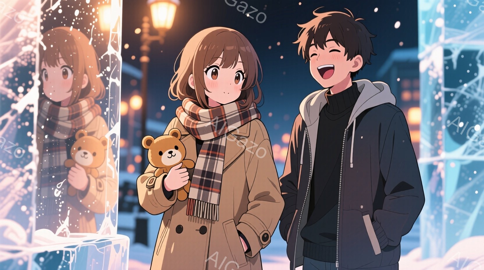 若い男女が冬の夜に立っている様子が描かれています。女性はベージュ色のコートにチェック柄のマフラーを巻き、茶色のボブヘアで、片手にテディベアを抱えています。男性は黒いパーカーを着ており、笑顔で女性を見つ - AI生成フリー素材