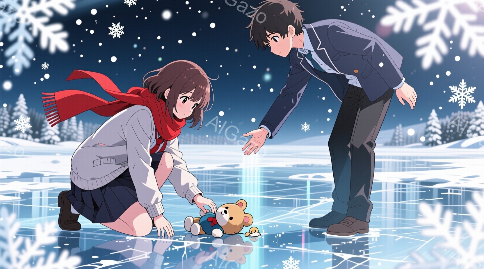 雪が降る夜、少女は凍った池の上で膝をつき、小さなテディベアを拾おうとしている。彼女はセーターとスカートを着ており、赤いマフラーを巻いている。背後には雪に覆われた木々が並び、少年は心配そうに少女を見守り - AI生成フリー素材