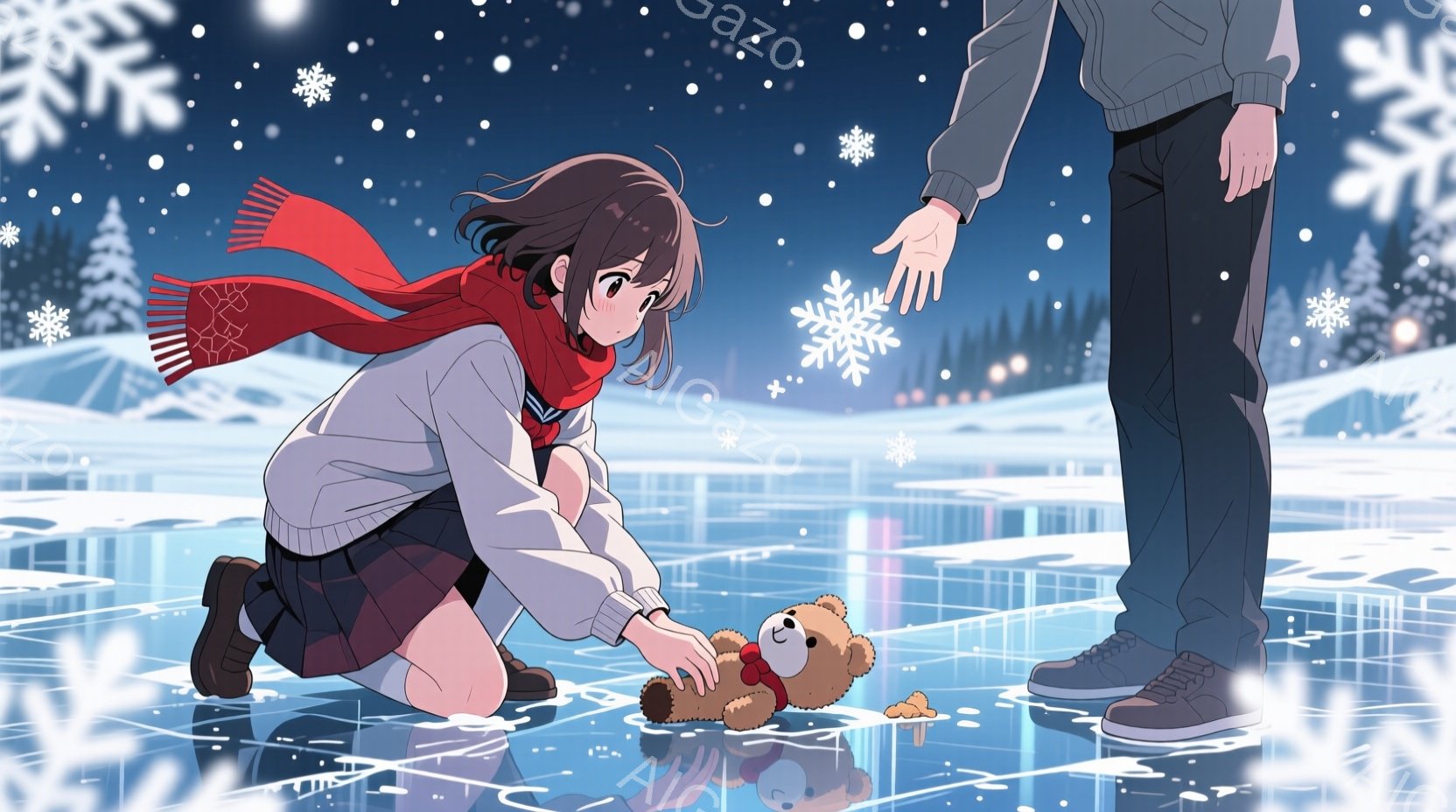 雪が降り積もる凍てつくような湖畔で、少女がひざまずいて落としたテディベアを拾おうとしている。彼女は赤いマフラーとセーターを着ており、短めの茶髪をしています。背景には雪に覆われた木々と、遠くに見える建物 - AI生成フリー素材