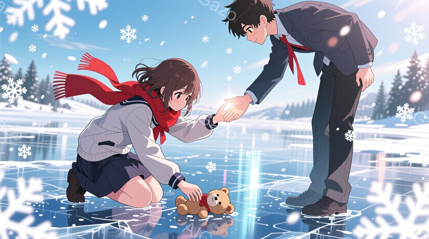 雪の降るアイススケートリンクで、制服を着た少女が転んでしまい、テディベアを落としています。彼女は膝をついてテディベアに手を伸ばしており、少し困ったような表情をしています。背景には雪景色が広がり、遠くには木々が見え、全体的に冬の暖かく、少し切ない雰囲気が漂っています。