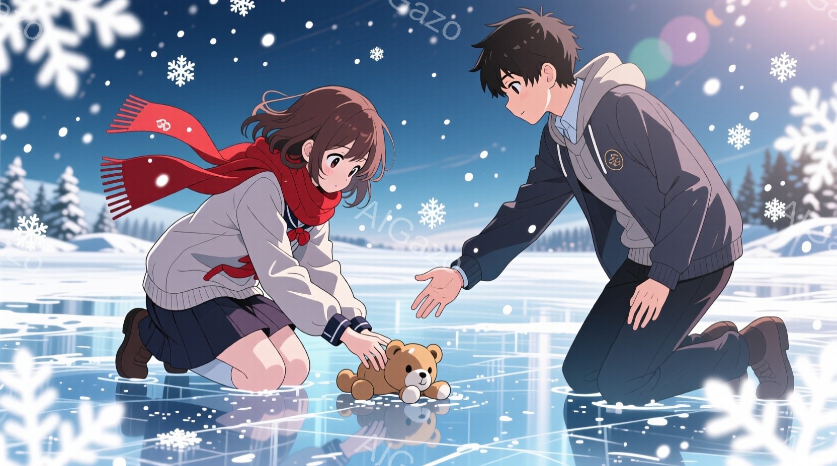 雪景色の中で、若い女性と男性がひざまずいてテディベアを見つめている。女性は赤いマフラーとセーターを着ており、短い茶色の髪をしている。男性は黒いパーカーを着ており、少し心配そうな表情で女性を見守っている - AI生成フリー素材