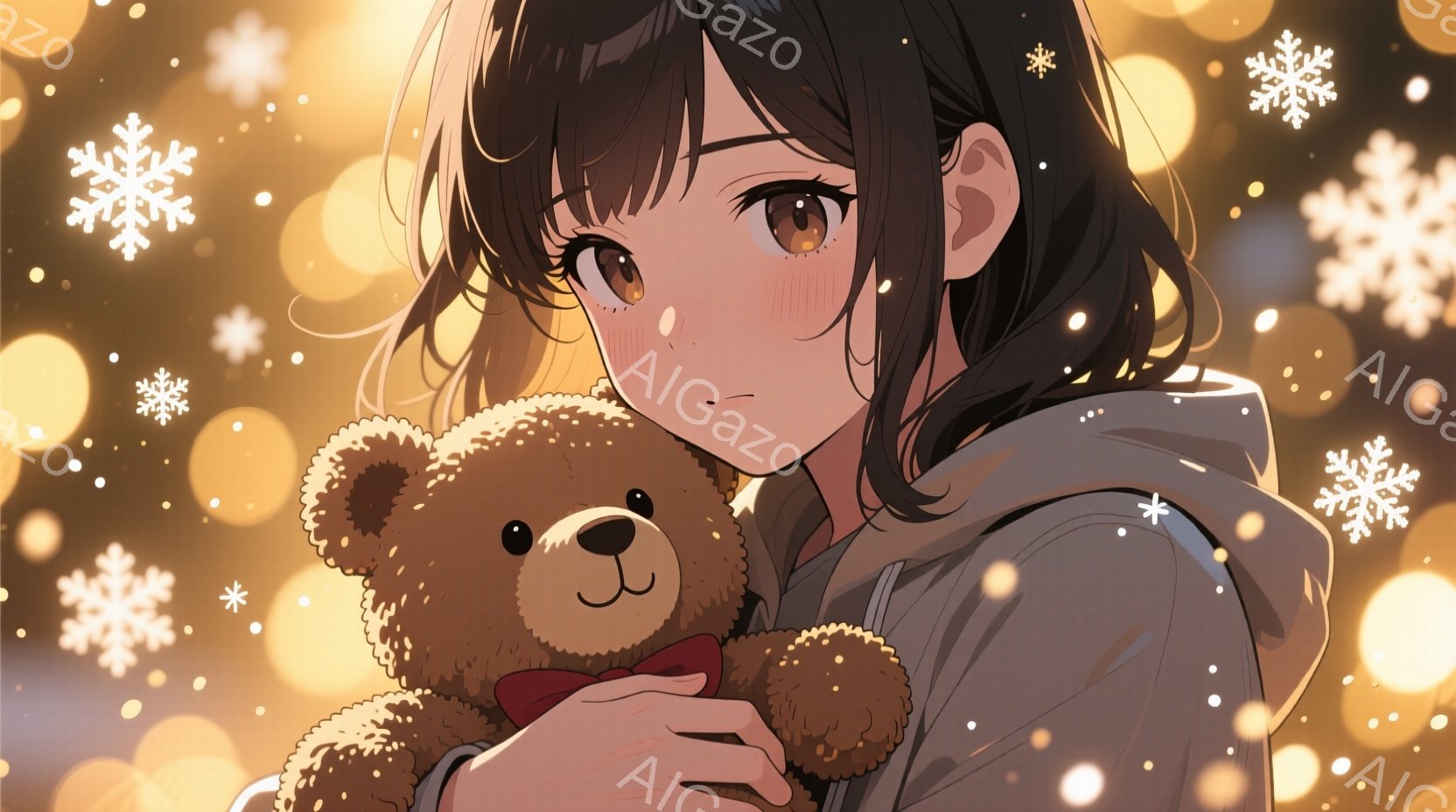 短い黒髪の少女が、茶色のテディベアを抱きしめています。グレーのパーカーを着ており、少し寂しげな表情を浮かべています。背景にはぼやけた光の粒子と雪片が舞っており、暖かく幻想的な雰囲気を醸し出しています。 - AI生成フリー素材