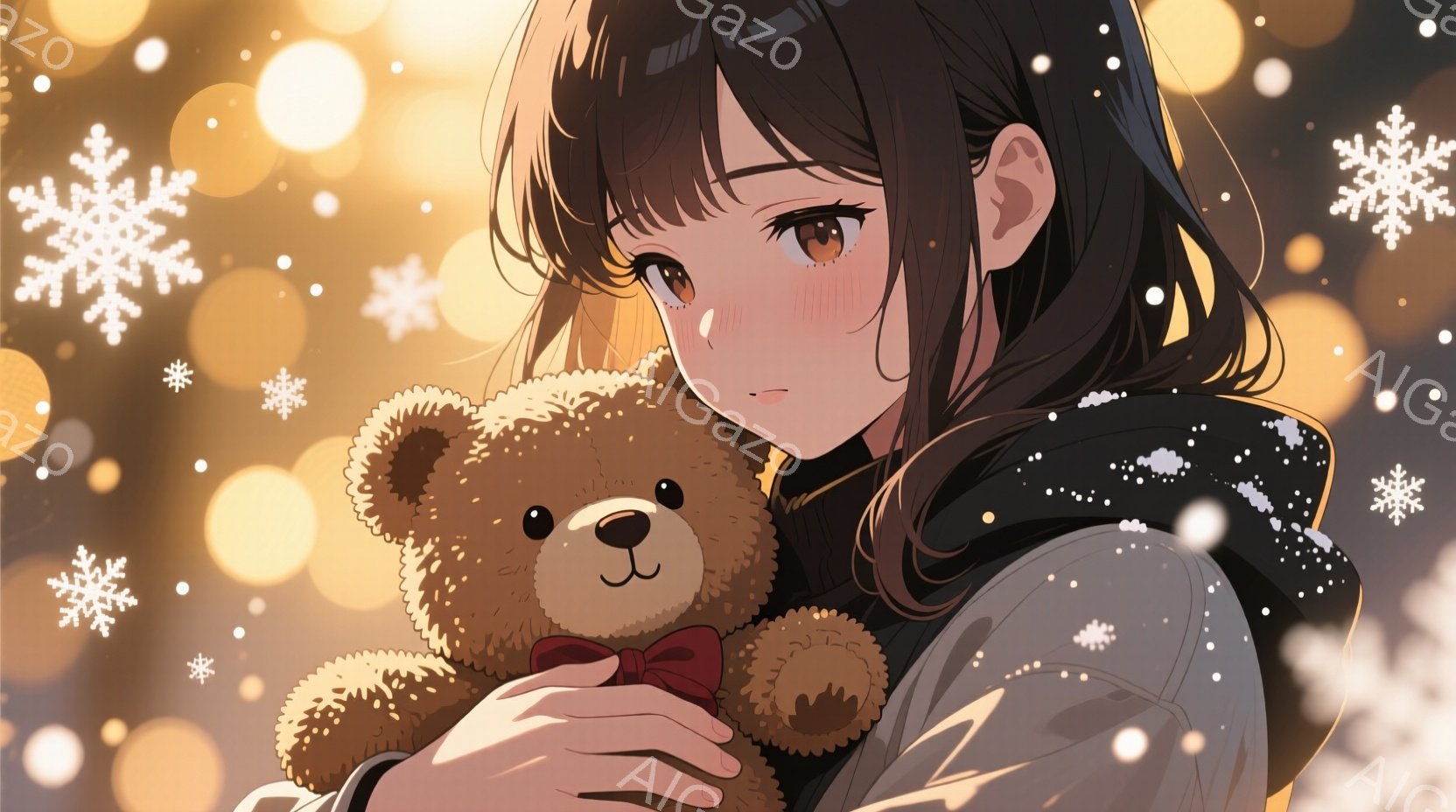暗い髪の少女が、茶色のクマのぬいぐるみを抱きしめています。彼女は白い襟付きの黒いパーカーを着ており、少し恥ずかしそうな表情を浮かべています。背景はぼやけた暖かい光と雪片で満たされており、全体的に穏やかで優しい雰囲気を醸し出しています。