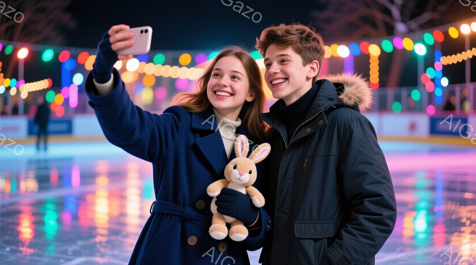 若い男女がアイススケートリンクで自撮りしている様子が写っています。女性は紺色のコートに白いセーターを着ており、茶色の長い髪をなびかせ、片手にぬいぐるみのうさぎを持っています。男性は黒いパーカーを着ており、笑顔でカメラの方を見ています。背景にはカラフルなライトが輝き、滑らかな氷のリンクが広がっており、冬の華やかな雰囲気が漂っています。