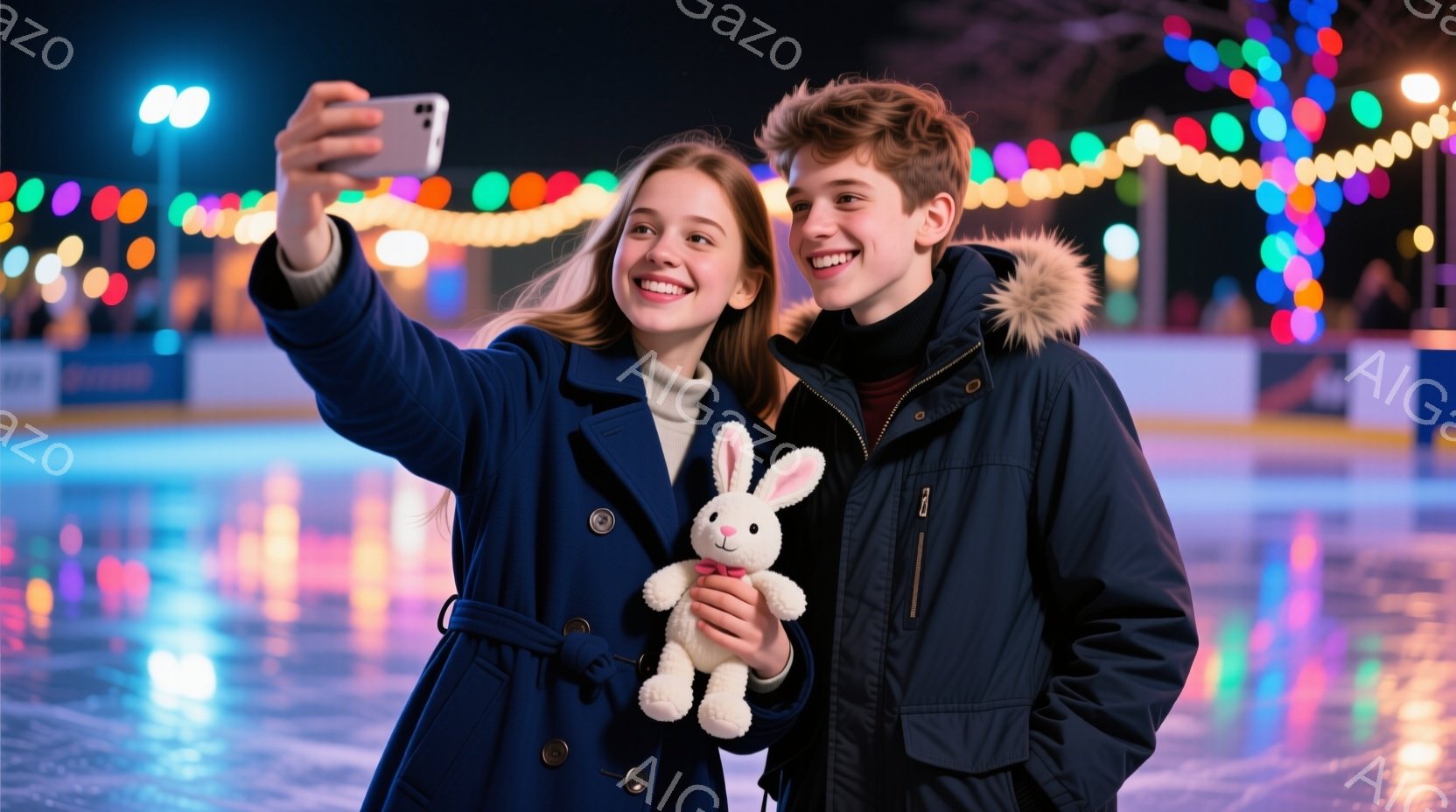 若い男女がスケートリンクで自撮りをしている様子が写っている。女性は紺色のコートに白いセーター、長い茶髪をなびかせ、ぬいぐるみ（ウサギ）を抱えている。男性は黒いパーカーを着て、ほほえみながら女性の隣に立っている。背景には色とりどりのライトが点在し、滑らかなスケートリンクが広がり、冬の夜の温かく楽しい雰囲気が漂っている。