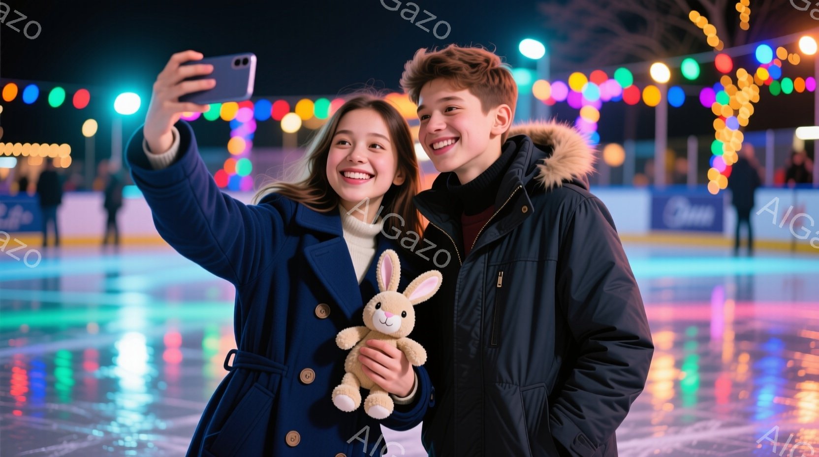 若い女性と男性が、アイススケートリンクで自撮りしている様子が写っています。女性は紺色のピーコートを着ており、抱きしめているぬいぐるみはうさぎです。男性は黒のダウンジャケットを着ており、二人は笑顔でカメラを見つめ、背景にはカラフルなライトが輝くリンクと観客席が見えます。
