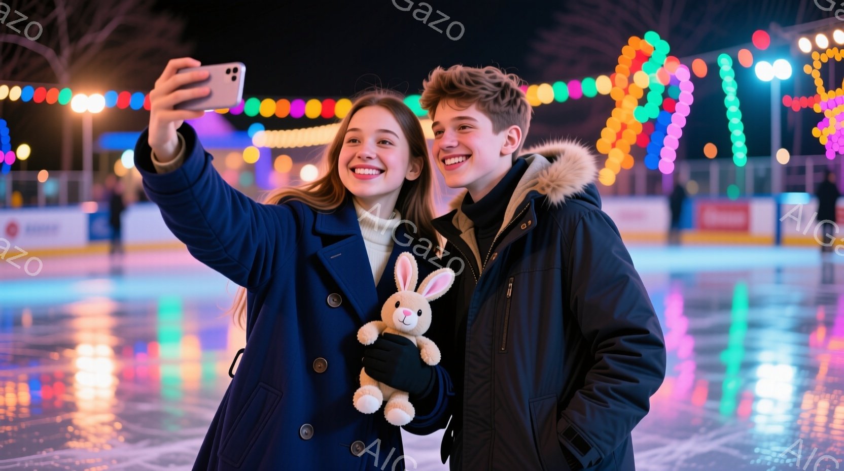 若い男女がアイススケートリンクで自撮りをしている写真です。女性は紺色のコートを着ており、長い茶色の髪をなびかせて笑顔を見せています。男性は黒いパーカーを着ており、少し微笑みながらカメラに向かっています。リンクはカラフルなライトで照らされ、背景にはぼやけた人影が見え、冬の楽しい雰囲気が漂っています。
