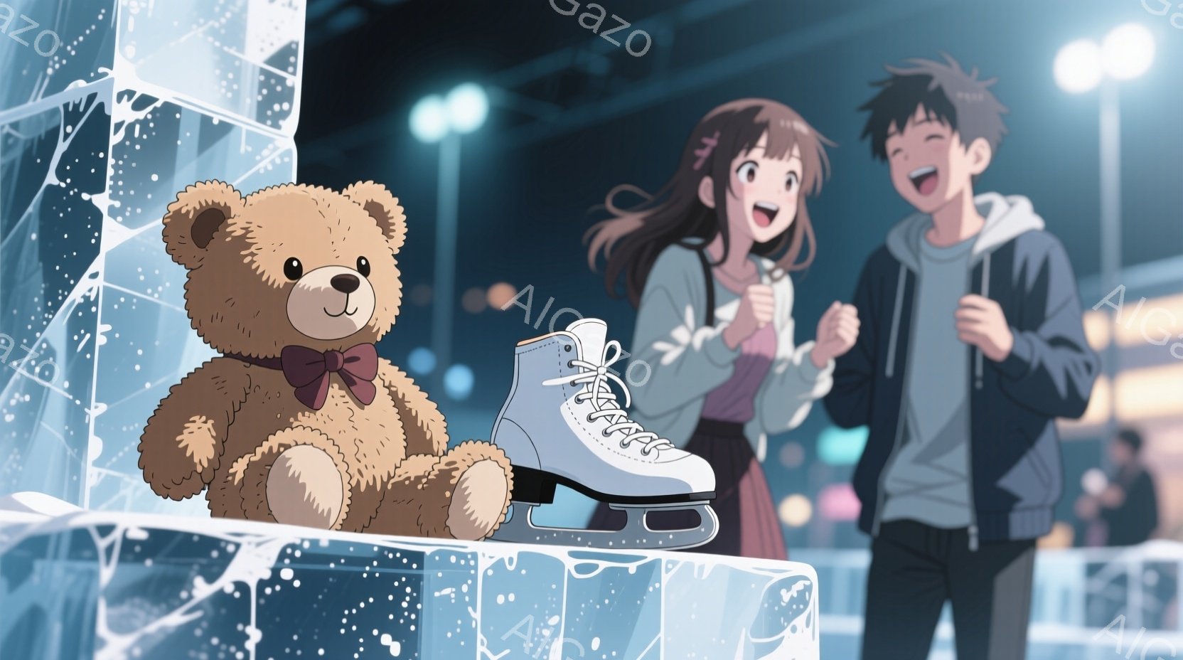 氷上の様子を描いたイラストで、可愛らしいテディベアが中央に配置され、赤いリボンをつけて微笑んでいます。背景にはスケートをする少女と少年がおり、少女はピンクの服に茶髪で、スケート靴を手に嬉しそうに微笑んでいます。少年は黒髪でグレーのパーカーを着ており、両手を挙げて楽しんでいる様子で、背景にはぼやけた観客席と明るい照明が見えます。