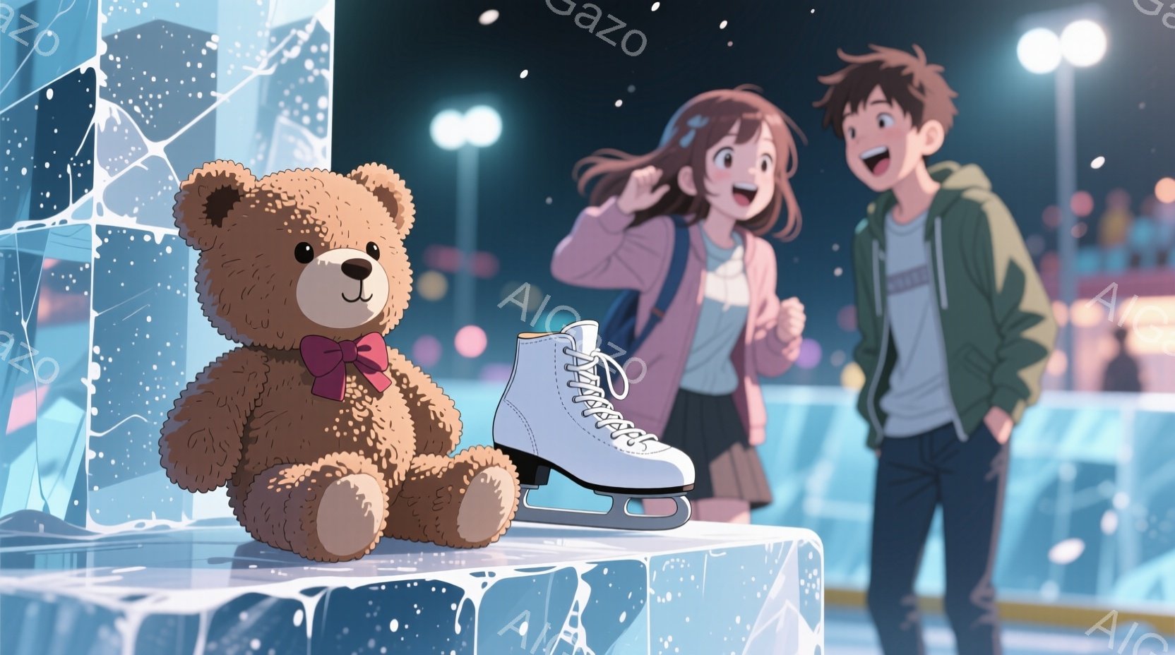 氷のスケートリンクの上に、茶色のテディベアが赤いリボンを付け、白いスケート靴を横に置いて座っています。リンクの端には、ピンクのセーターを着た茶髪の少女と、白いTシャツに緑色のジャケットを着た少年がいて - AI生成フリー素材