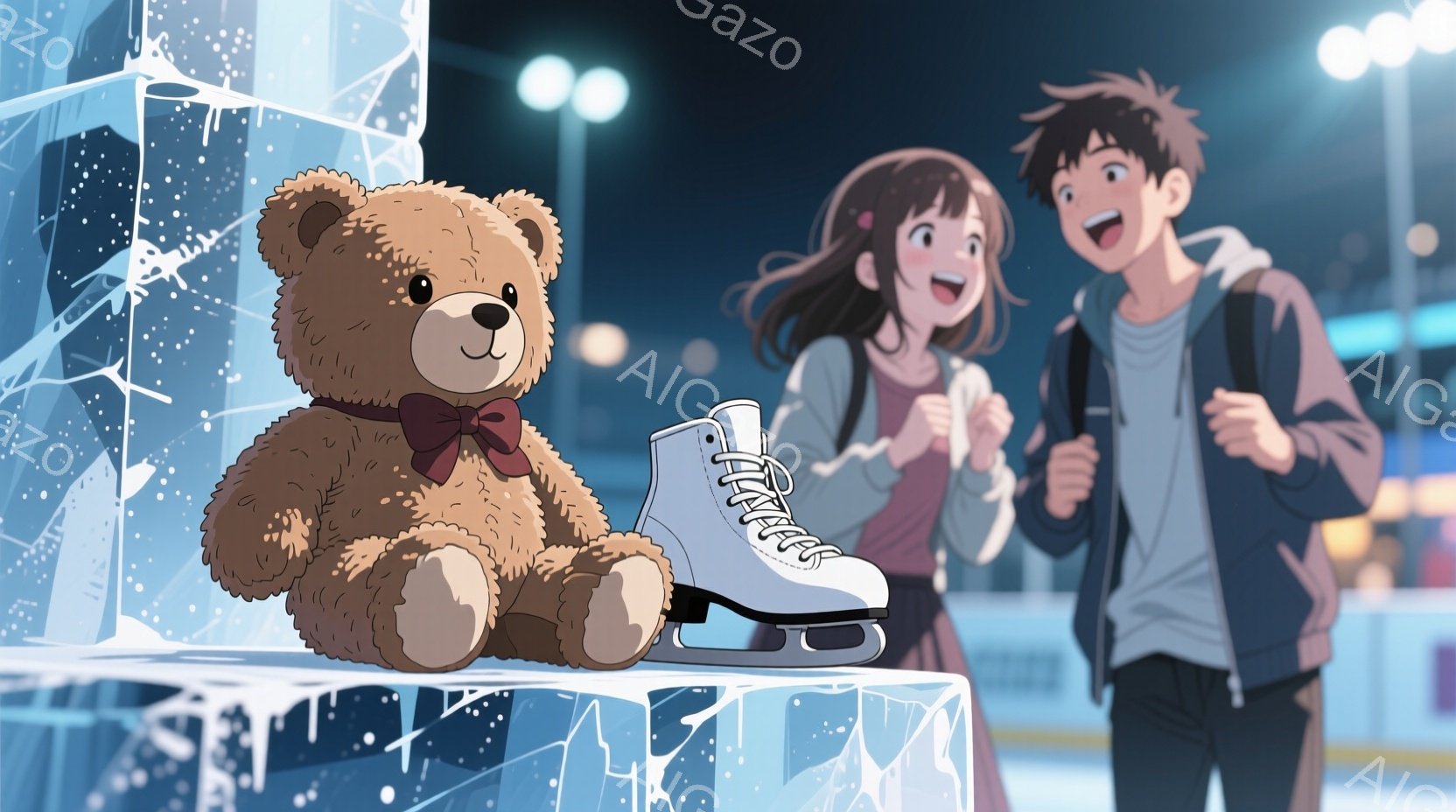 氷上の縁に座るテディベアと、スケート靴が一足置かれている。若い女性は茶色の長い髪で、赤いリボンをつけており、嬉しそうな表情で両手を握りしめている。背景には、夜のスケートリンクと照明があり、冷たい空気と温かい光が混ざり合い、ロマンチックな雰囲気を醸し出している。
