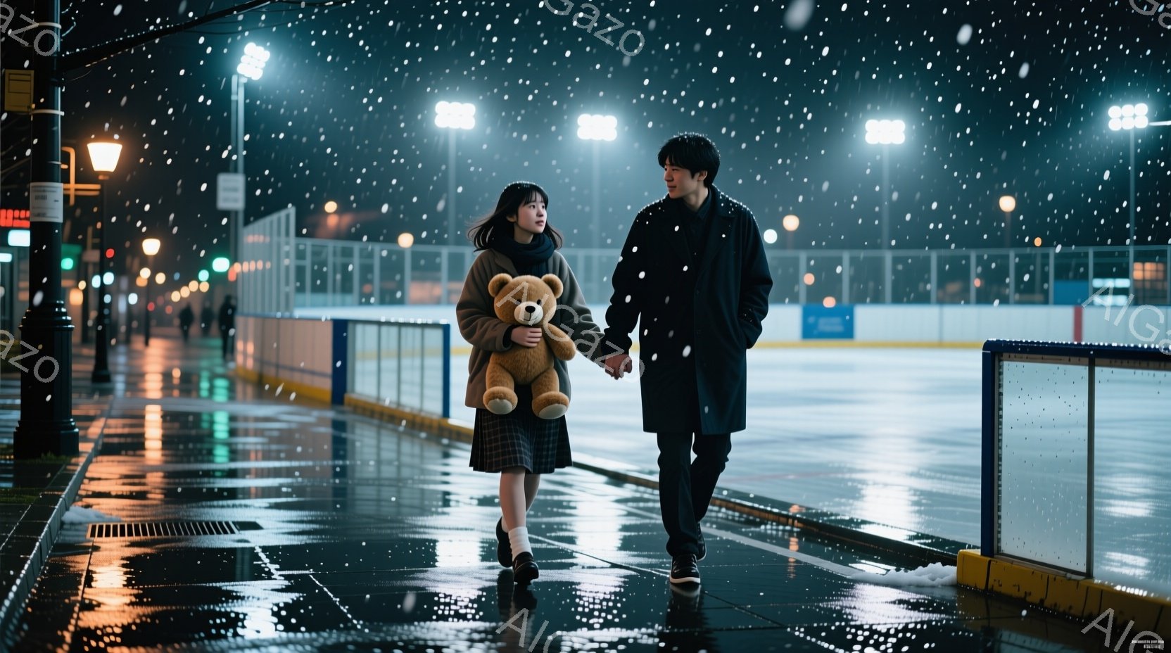 雪が降る夜、若い女性と男性が手をつないで歩いている。女性はダークトーンのワンピースにセーター、ロングヘアで、大きなテディベアを抱えている。背景にはスケートリンクが見え、街灯が反射して地面が濡れている夜 - AI生成フリー素材