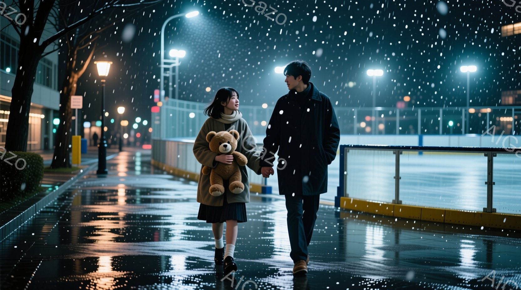 雪が降る夜、若い女性と男性が手をつないで歩いている。女性はベージュ色のコートに短いスカート、ロングソックスを履き、大きなテディベアを抱いている。男性は黒いコートを着ており、二人は濡れたアスファルトの遊 - AI生成フリー素材