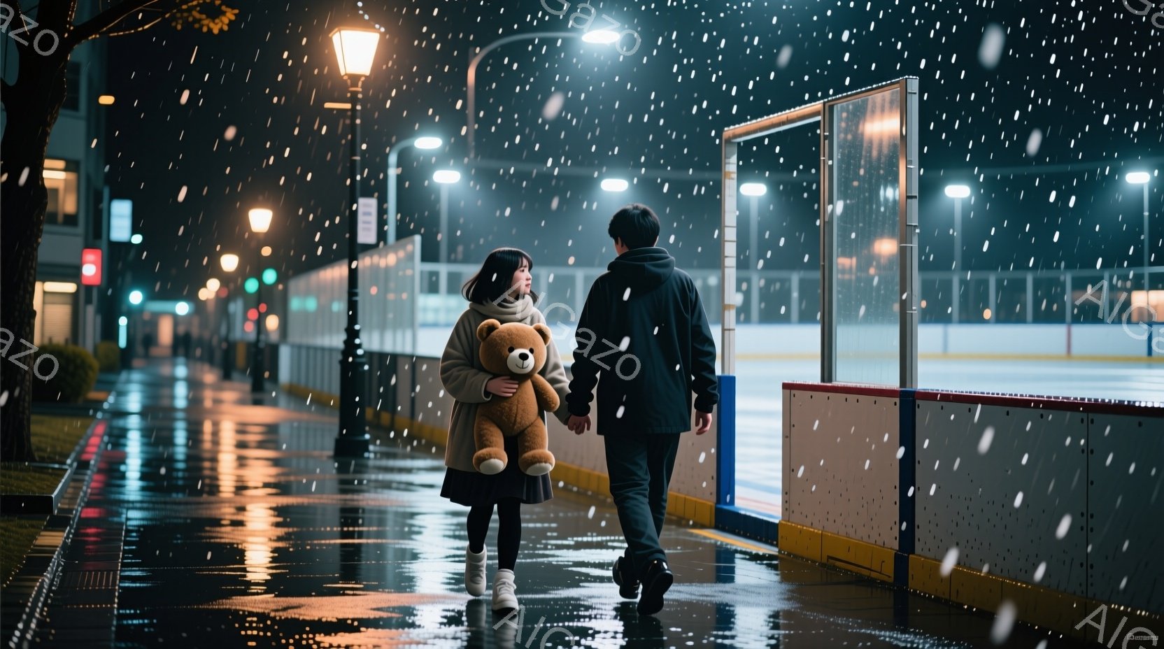 少女は茶色のクマのぬいぐるみを抱き、ピンク色のコートと白い靴を履いて、大人の男性と手を繋いで歩いている。雨が降りしきる夜の街並みで、路面は濡れて光を反射し、遠くにはスケートリンクが見える。全体的に温か - AI生成フリー素材