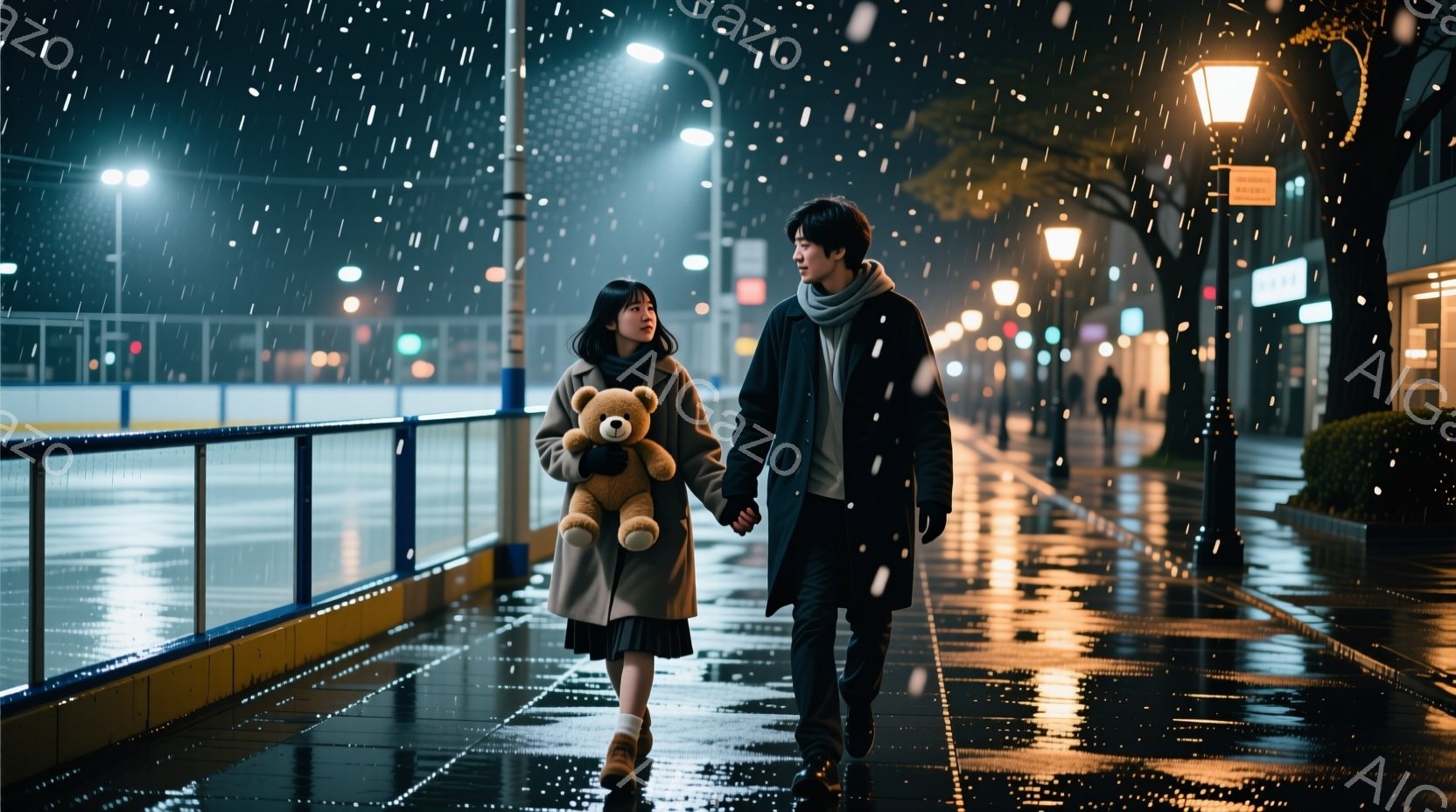 夜の街並みを、若い女性と男性が手をつないで歩いている。女性は茶色のコートと黒いスカートを着用し、長い黒髪を肩から下ろしている。男性は黒いコートを着用し、手をつないでいる様子から親密な関係にあることが伺 - AI生成フリー素材